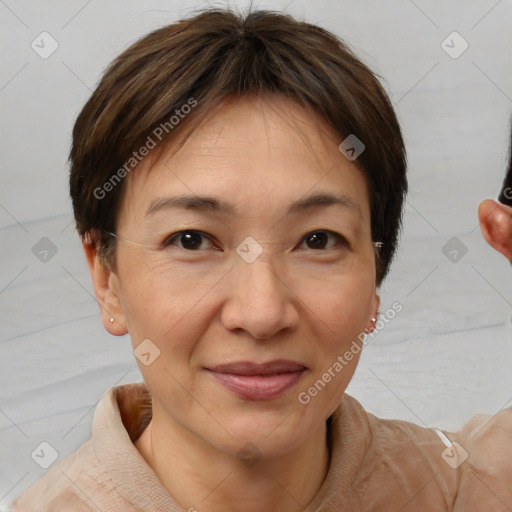 Joyful white adult female with short  brown hair and brown eyes