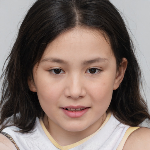 Joyful white child female with medium  brown hair and brown eyes