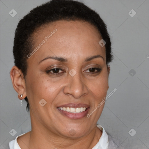 Joyful black adult female with short  brown hair and brown eyes