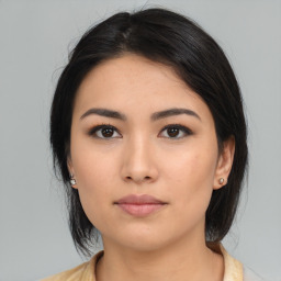 Neutral asian young-adult female with medium  black hair and brown eyes