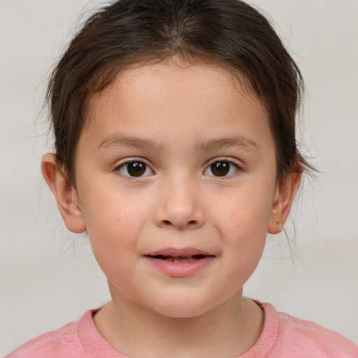 Joyful white child female with medium  brown hair and brown eyes