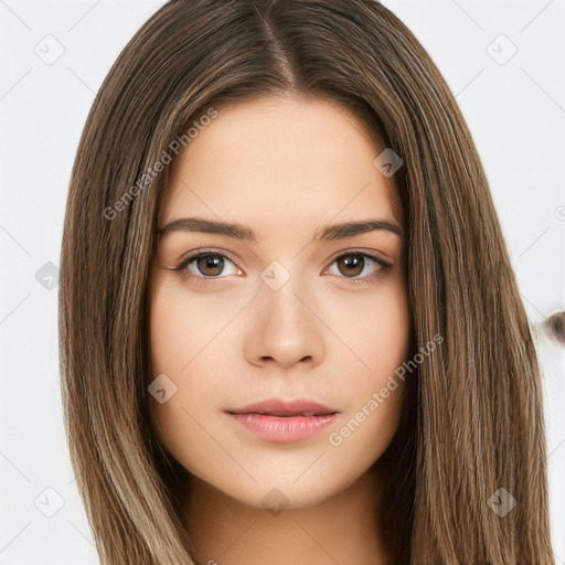 Neutral white young-adult female with long  brown hair and brown eyes