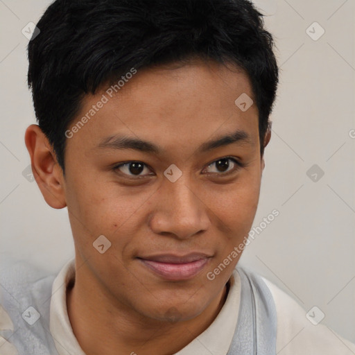 Joyful latino young-adult male with short  brown hair and brown eyes