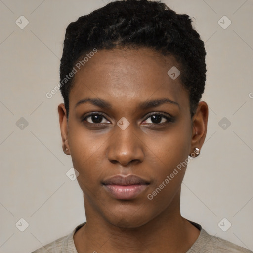 Neutral black young-adult female with short  black hair and brown eyes