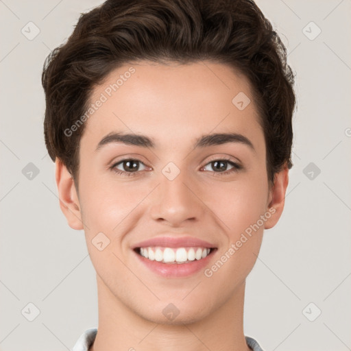 Joyful white young-adult female with short  brown hair and brown eyes