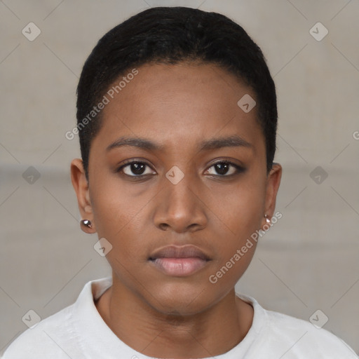 Neutral black young-adult female with short  black hair and brown eyes