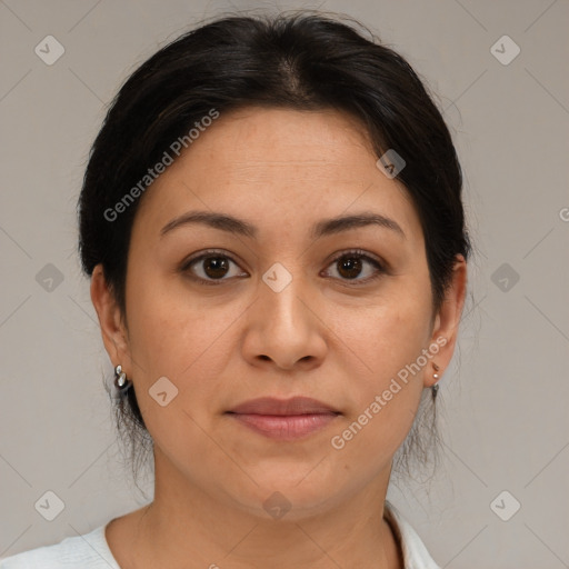 Joyful white adult female with medium  brown hair and brown eyes