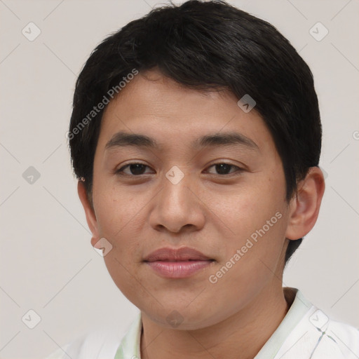 Joyful asian young-adult male with short  brown hair and brown eyes