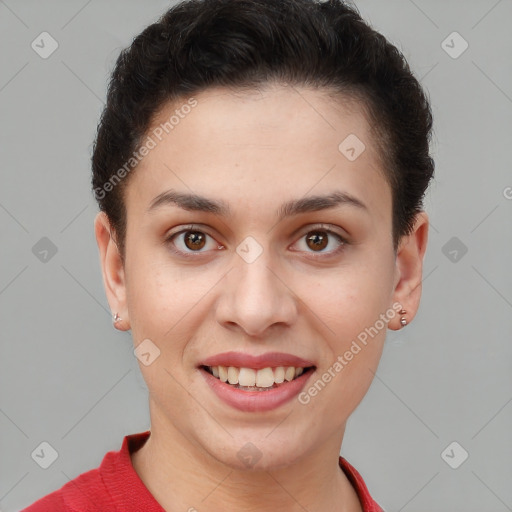 Joyful white young-adult female with short  brown hair and brown eyes