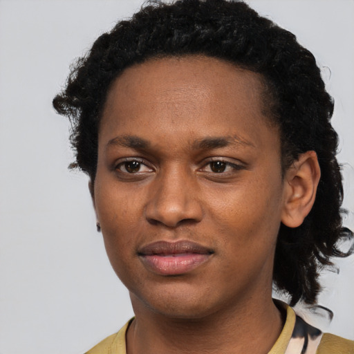 Neutral black young-adult female with short  black hair and brown eyes