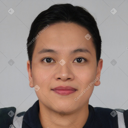 Joyful asian young-adult female with short  brown hair and brown eyes
