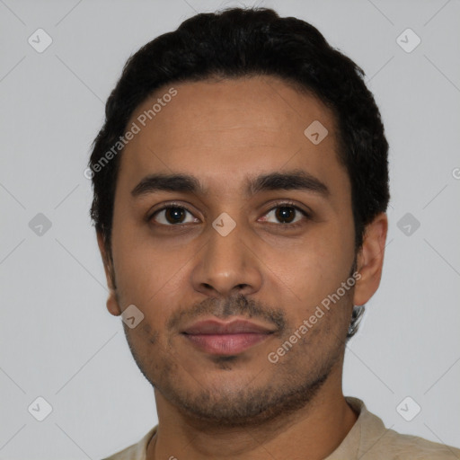 Neutral latino young-adult male with short  black hair and brown eyes