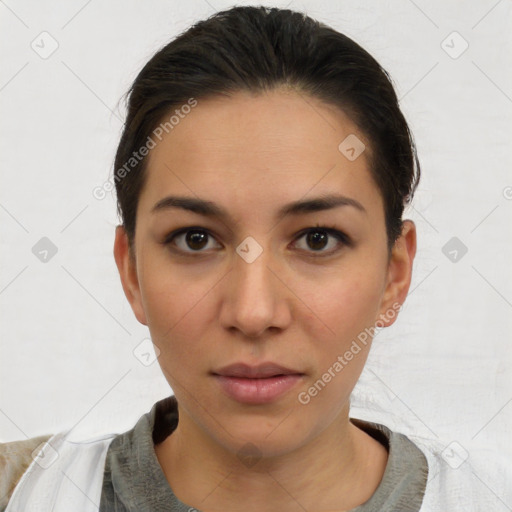 Neutral white young-adult female with short  brown hair and brown eyes