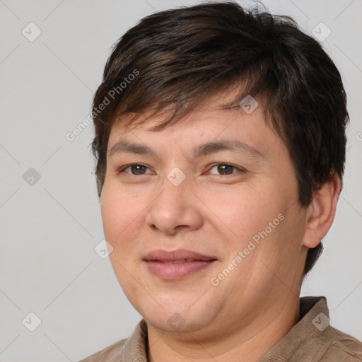 Joyful white adult male with short  brown hair and brown eyes