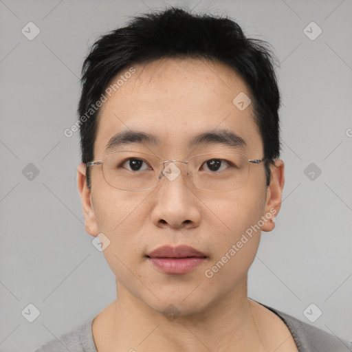 Neutral asian young-adult male with short  black hair and brown eyes