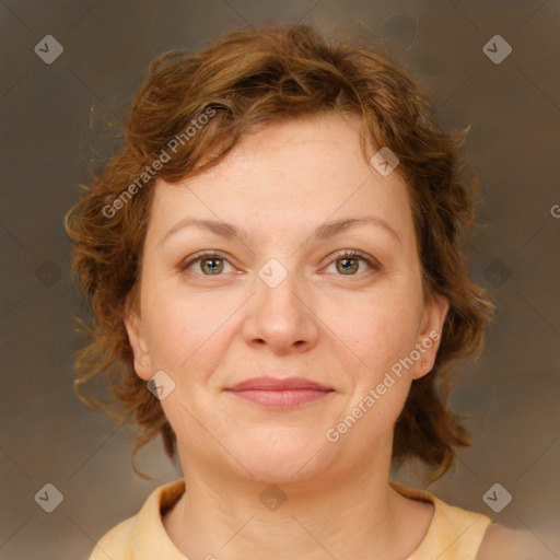 Joyful white young-adult female with medium  brown hair and green eyes