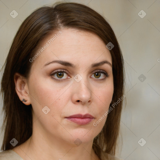 Neutral white young-adult female with medium  brown hair and brown eyes