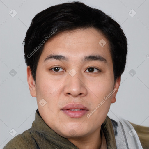 Neutral asian young-adult male with short  black hair and brown eyes