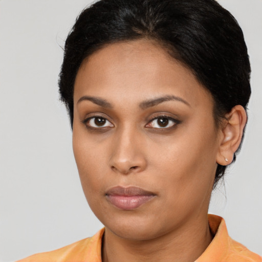 Neutral asian young-adult female with long  brown hair and brown eyes