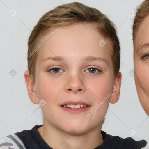 Joyful white child female with medium  brown hair and blue eyes