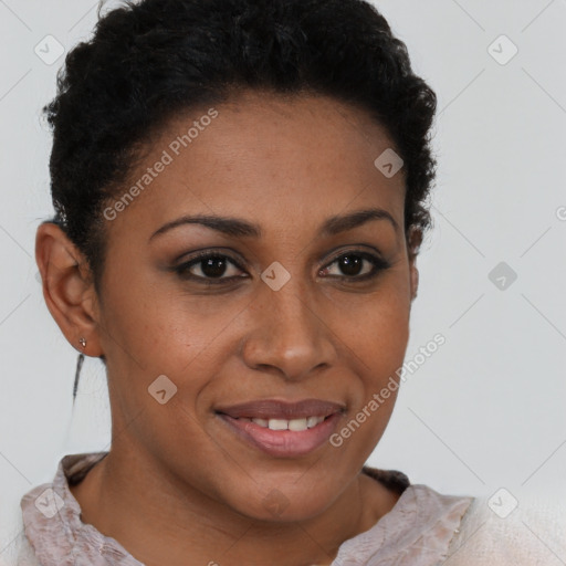 Joyful latino young-adult female with short  brown hair and brown eyes