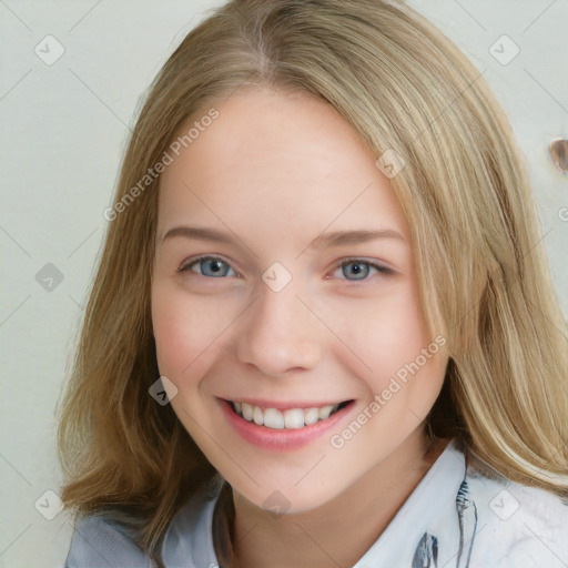 Joyful white young-adult female with medium  brown hair and blue eyes