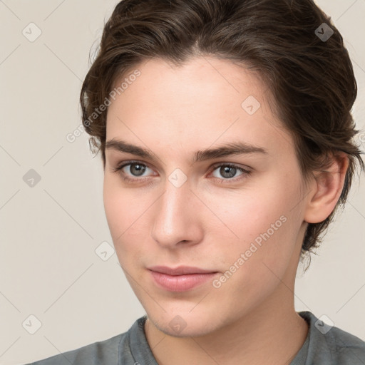 Neutral white young-adult female with short  brown hair and brown eyes