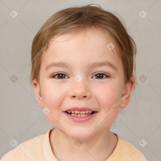 Joyful white child female with medium  brown hair and brown eyes