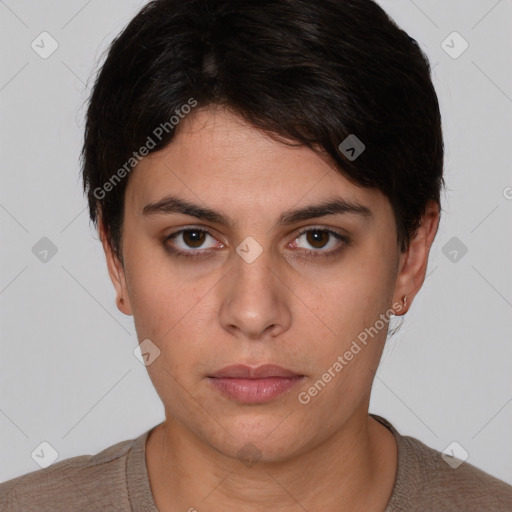 Neutral white young-adult female with short  brown hair and brown eyes