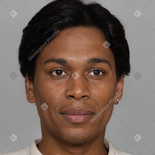 Joyful black adult male with short  black hair and brown eyes