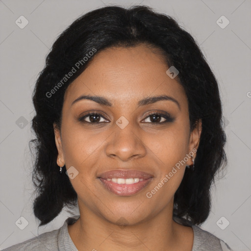 Joyful black young-adult female with medium  black hair and brown eyes