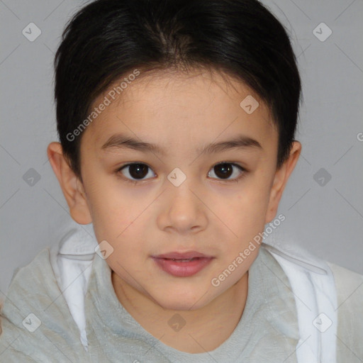 Joyful white child female with medium  brown hair and brown eyes