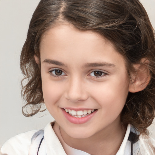 Joyful white child female with medium  brown hair and brown eyes