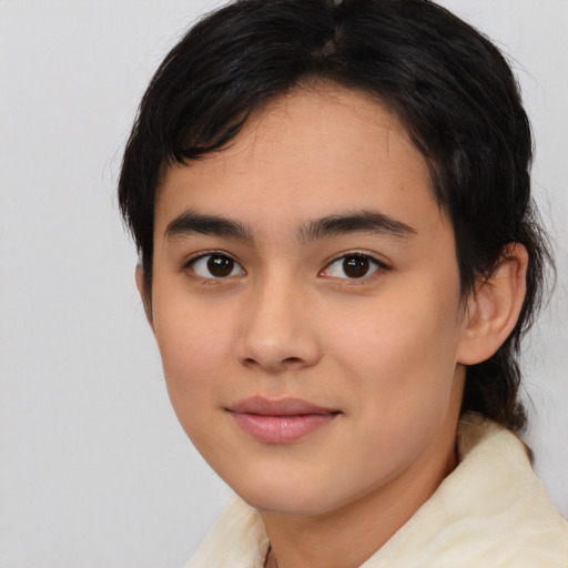 Joyful white young-adult female with medium  black hair and brown eyes