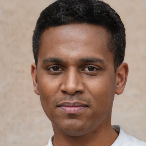 Neutral black young-adult male with short  black hair and brown eyes