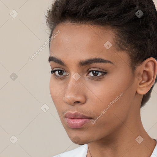 Neutral white young-adult female with short  brown hair and brown eyes