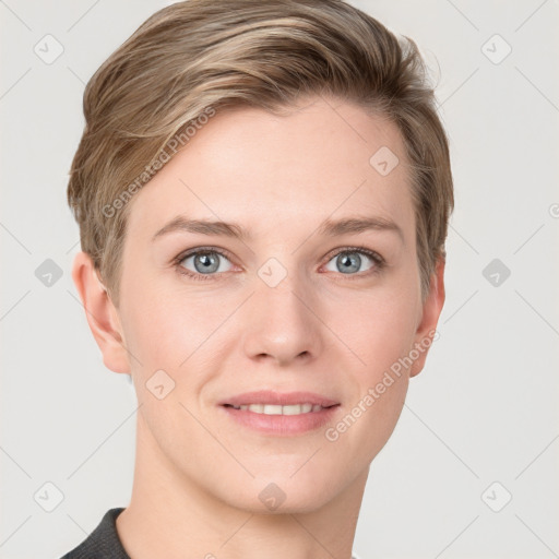 Joyful white young-adult female with short  brown hair and grey eyes