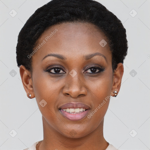 Joyful black young-adult female with short  brown hair and brown eyes