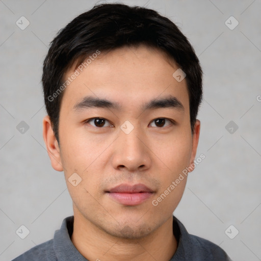 Neutral asian young-adult male with short  black hair and brown eyes