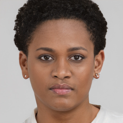 Neutral black young-adult female with short  brown hair and brown eyes