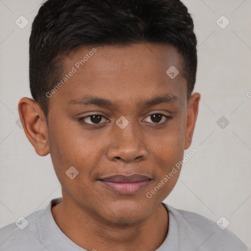 Joyful black young-adult male with short  brown hair and brown eyes