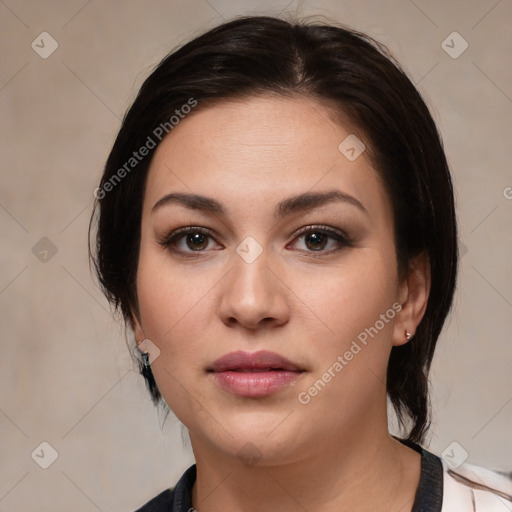 Joyful white young-adult female with medium  brown hair and brown eyes