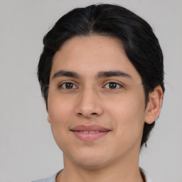 Joyful white young-adult male with medium  brown hair and brown eyes