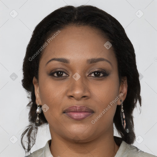 Joyful black young-adult female with medium  brown hair and brown eyes