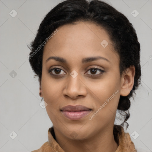 Joyful latino young-adult female with long  black hair and brown eyes