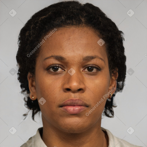 Neutral black young-adult female with short  brown hair and brown eyes