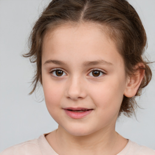 Joyful white child female with medium  brown hair and brown eyes