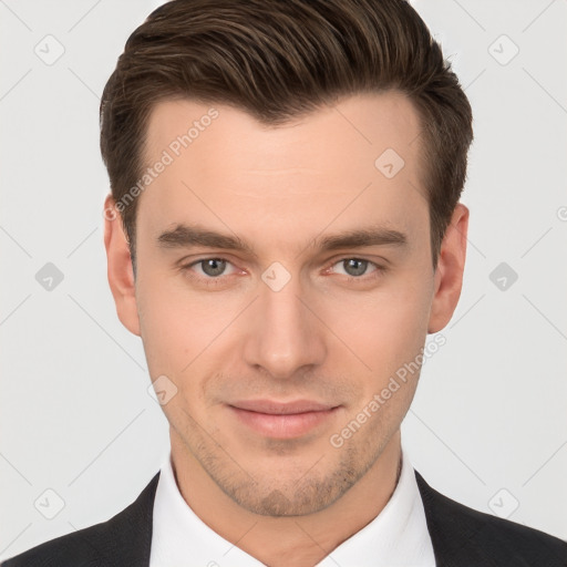 Neutral white young-adult male with short  brown hair and brown eyes