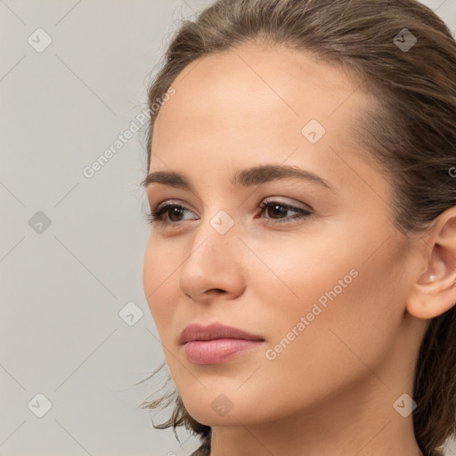 Neutral white young-adult female with medium  brown hair and brown eyes