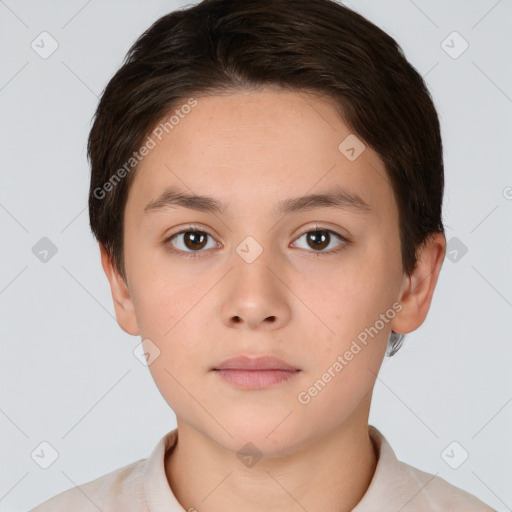 Neutral white young-adult female with short  brown hair and brown eyes